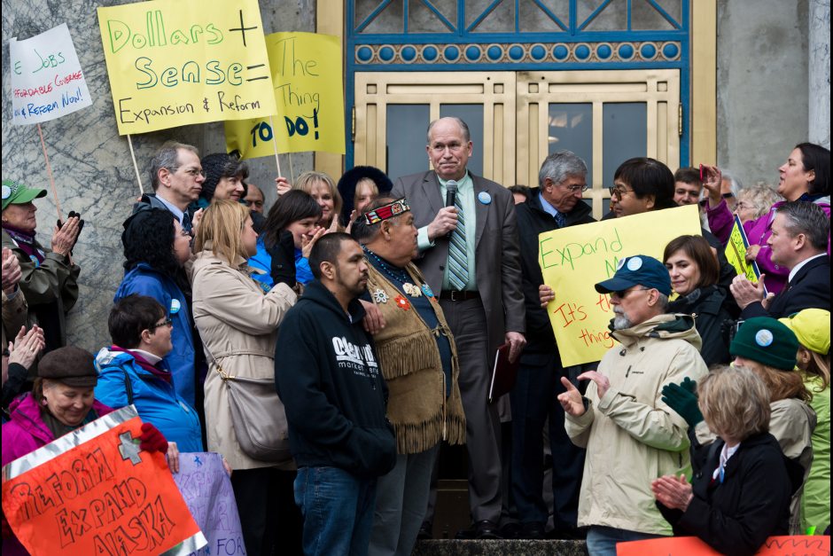 Gov. Bill Walker talks to Medicaid expansion supporters. Photo by Marc Lester / ADN